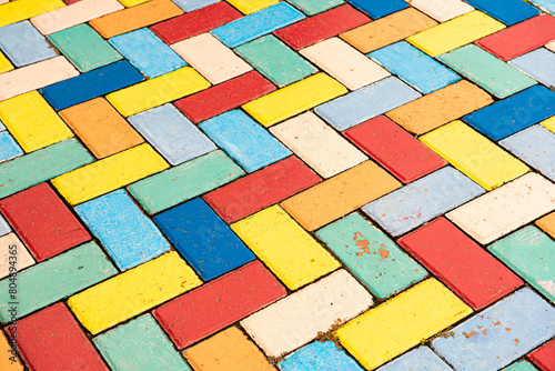 Bright colorful floor block paving  in the children s playground area