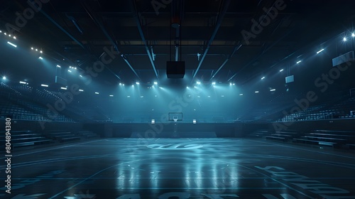 Interior view of an illuminated basketball stadium for a game 
