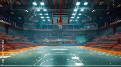 Interior view of an illuminated basketball stadium for a game  photo