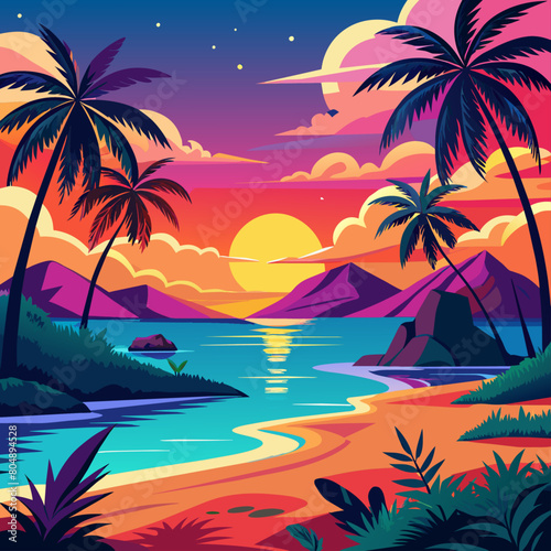 trees on the beach, Bright tropical beach scenes with sunsets and palm trees.