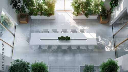 Top view of a modern conference room with a long table, chairs and green plants, light background, office meeting concept, Generative AI
