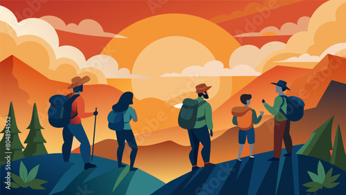 As the sun rises on Independence Day a group of hikers pause during their ascent to recite patriotic poems surrounded by the natural beauty of their. Vector illustration photo