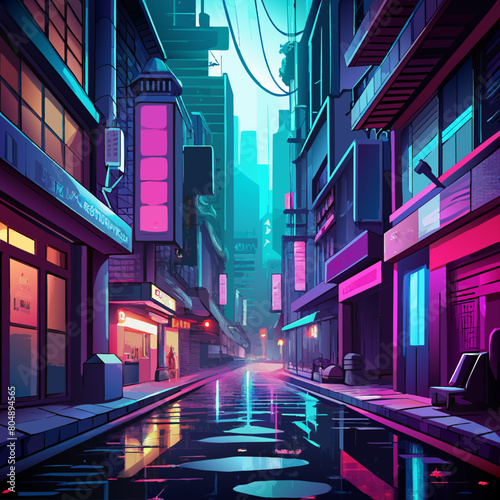 Cyberpunk alleyways with neon signs and rain reflections.