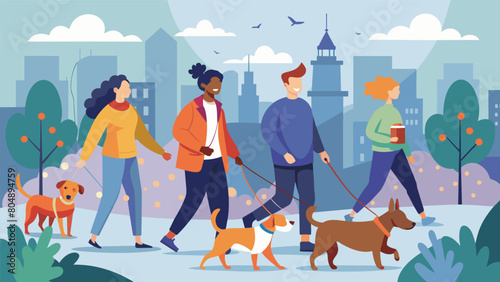 A group of dog owners walking their furry companions in the city stopping to let them play in the park and getting some steps in themselves.. Vector illustration