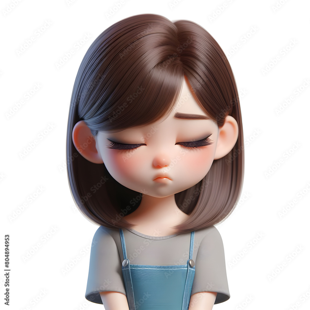 Asian cartoon character girl, young women portrait, female, sad mood, feeling expression concept, eyes close, 3d style, isolated on a white background Asian cartoon character girl, young women portrait, female, sad mood, feeling expression concept, eyes close, 3d style, isolated on a white background
