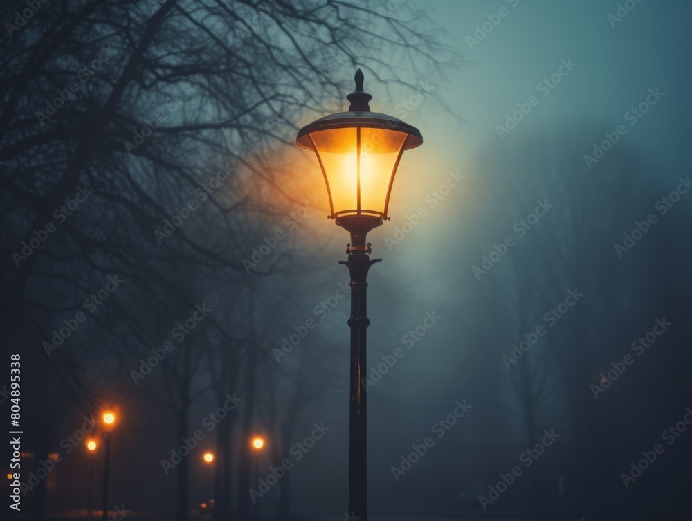The old and rusty lamp post on the street in a foggy night.