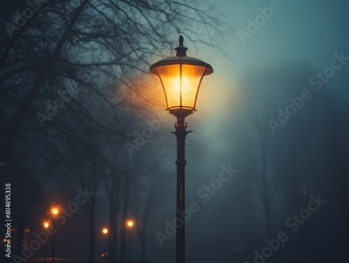 The old and rusty lamp post on the street in a foggy night. © Tanasorn