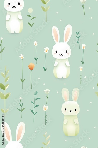 A cute seamless pattern with cartoon bunnies and flowers on a green background.