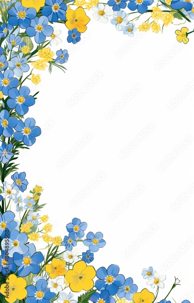A floral pattern of blue and yellow flowers on a white background. A floral pattern of blue and yellow flowers on a white background.