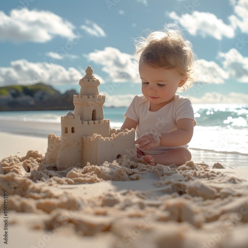 A baby playing on the beach is building a castle from beach sand, a positive activity for babies to do to foster creativity at an early age