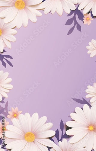 A frame of white and pink daisies on a purple background.