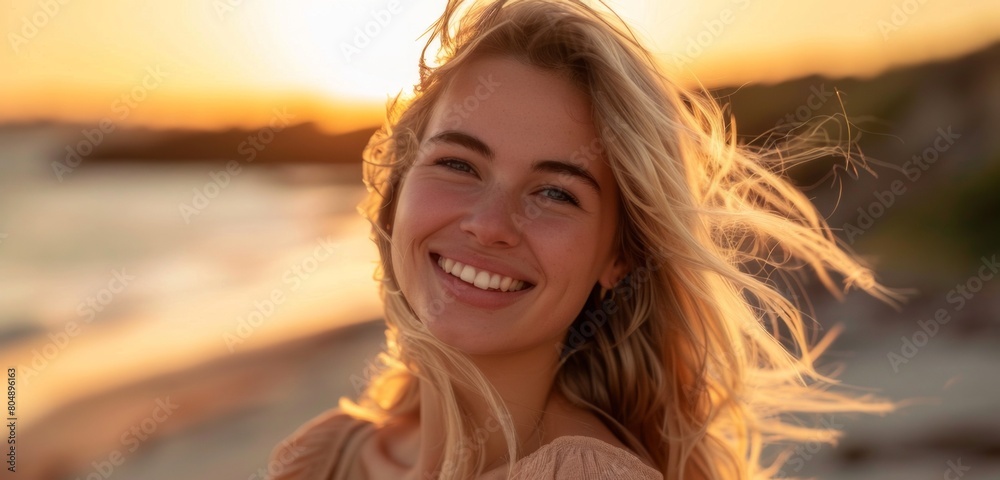 Beautiful blonde woman smiling and posing on the beach at sunset, wearing a beige top, in a portrait shot Beautiful blonde woman smiling and posing on the beach at sunset, wearing a beige top, in a portrait shot