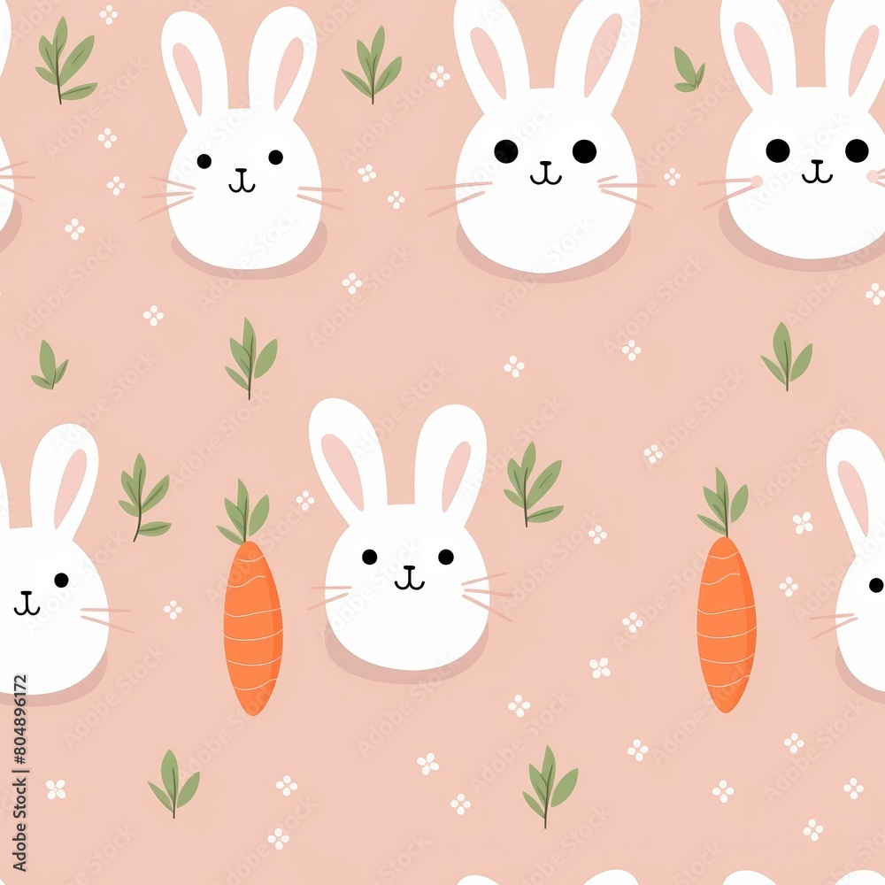 A seamless pattern of cute cartoon bunnies and carrots on a pink background. A seamless pattern of cute cartoon bunnies and carrots on a pink background.
