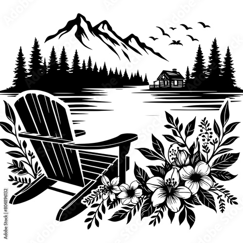 Lake scene adirondack chair, Lake SVG files, Lake with flower svg, Lake Sublimation, floral lake svg