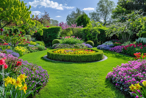 Vivid spring garden with colorful flowers and shrubs blending into a central grass feature, high-definition realistic image