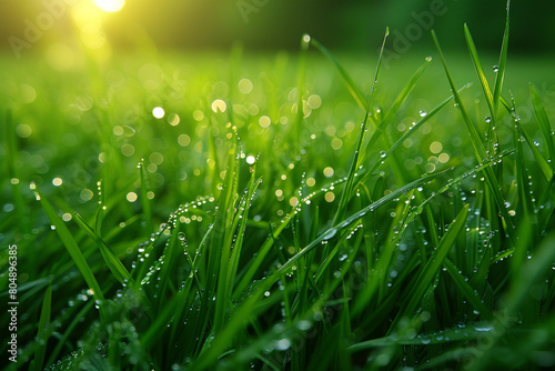 A close-up of morning dew on vibrant green grass with sunlight casting sparkling reflections, showing the intricate details of water droplets.