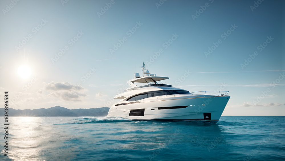 A modern yacht its hull reflecting the sun's rays, sailing through a vast expanse of azure water A modern yacht its hull reflecting the sun's rays, sailing through a vast expanse of azure water