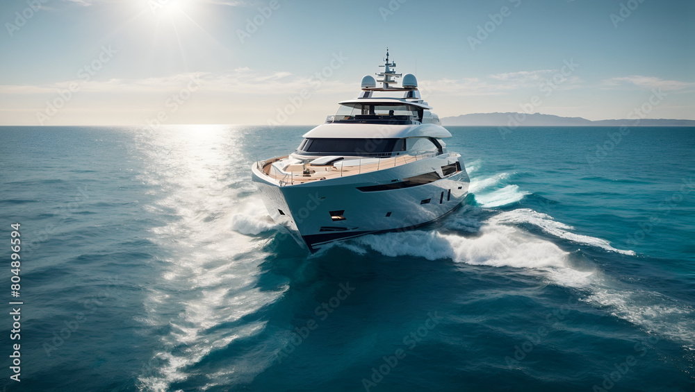 A modern yacht its hull reflecting the sun's rays, sailing through a vast expanse of azure water A modern yacht its hull reflecting the sun's rays, sailing through a vast expanse of azure water