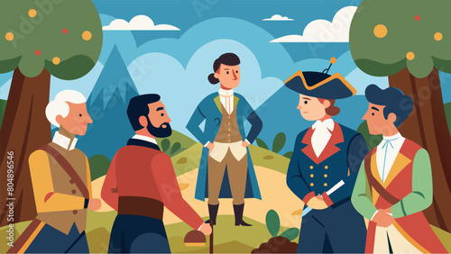 At a historic battlefield actors in period attire representing the Founding Fathers discuss the sacrifices made by soldiers and civilians during the. Vector illustration