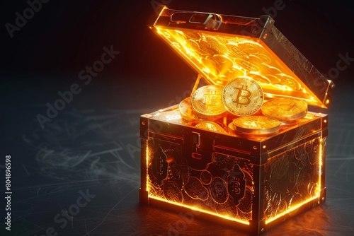 A glowing treasure chest filled with gold coins. photo