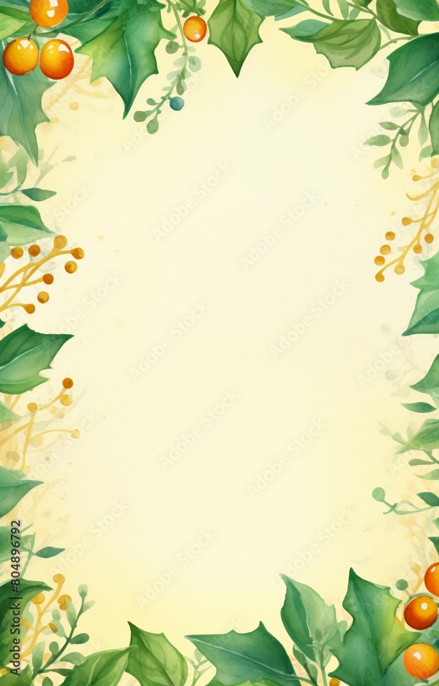 A watercolor painting of a plant border with green leaves, red berries, and yellow flowers on a beige background.