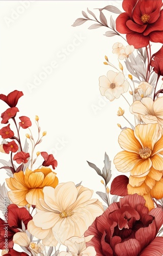 A watercolor painting of a floral bouquet with red, yellow, and cream colored flowers.