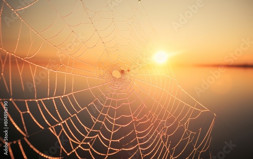 The spider spins its web in the morning sun. The web is delicate and beautiful, and it shimmers in the light. © stockpro