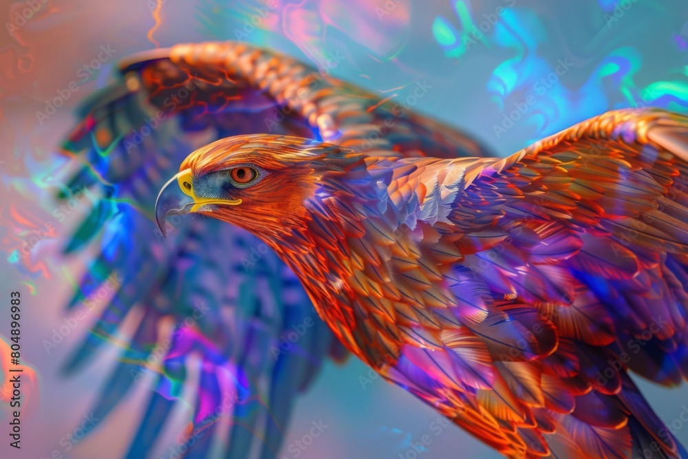 Fototapeta premium A majestic eagle soars through the sky, its wings outstretched and its feathers glistening in the sun