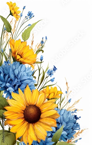 A watercolor painting of sunflowers and cornflowers with a white background.