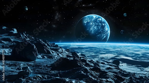 Distant Alien Landscape with Looming Blue Planet in Starlit Cosmic Horizon