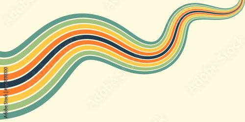 Abstract colorful 70s background vector. Vintage retro wallpaper with rainbow stripes and wavy lines. A 1970 color illustration suitable for posters, banners, decorative items and wall art.