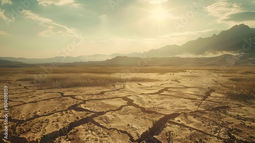 Scorching Arid Landscape of Cracked Desert Wilderness with Rugged Canyons and Parched Terrain Under Dramatic Sky photo