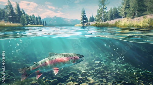 Trout Swimming in Pristine Mountain River Surrounded by Lush Wilderness Landscape