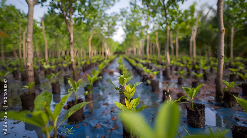 Lush green forest with winding stream flowing through tranquil natural landscape of towering trees vibrant foliage and peaceful reflection