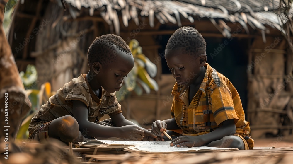 Two Young Students Intently Studying Together in a Rural African Hut Two Young Students Intently Studying Together in a Rural African Hut