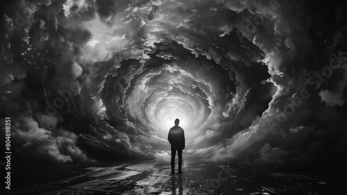  Man stands in the center of an infinite tunnel of light and clouds, with a surreal, light at the end of tunnel, death