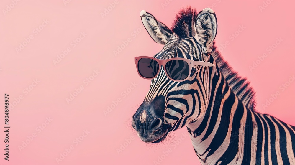 creative animal concept. A Surreal Encounter A Zebra Adorned in Sunglasses, Emerging from a Dreamlike Pastel Landscape