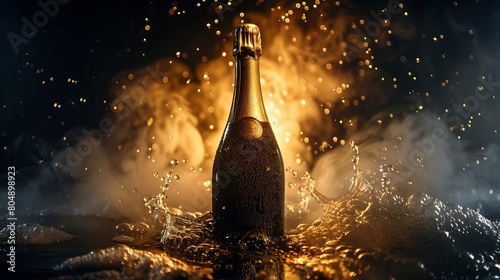 bottle of champagne on bright background