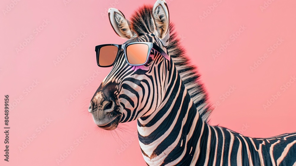 creative animal concept. A Surreal Encounter A Zebra Adorned in Sunglasses, Emerging from a Dreamlike Pastel Landscape creative animal concept. A Surreal Encounter A Zebra Adorned in Sunglasses, Emerging from a Dreamlike Pastel Landscape