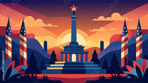 As the sun sets and darkness falls the grand monument comes to life with a breathtaking display of patriotic decorations a sight that fills the heart. Vector illustration