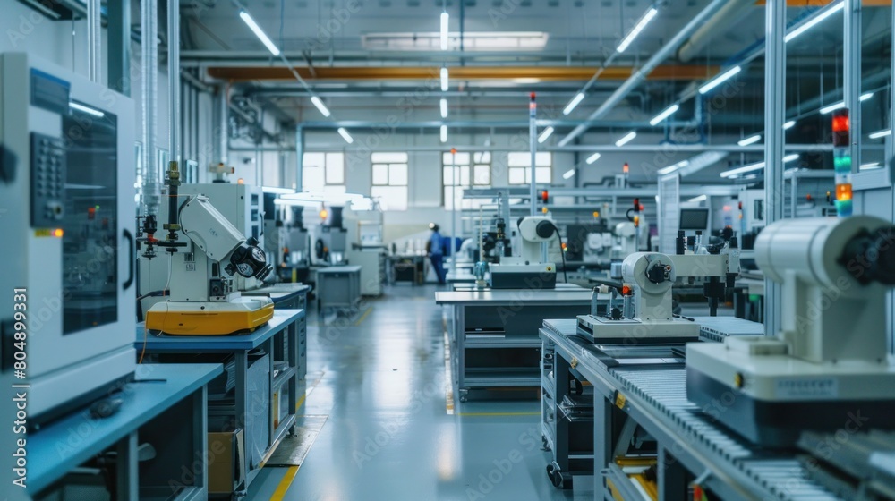 View of a high-tech automated production line in an industrial facility with advanced machinery View of a high-tech automated production line in an industrial facility with advanced machinery