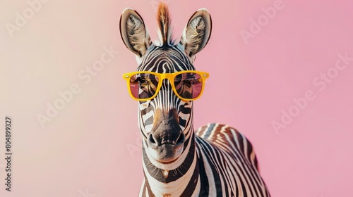 creative animal concept. A Surreal Encounter A Zebra Adorned in Sunglasses  Emerging from a Dreamlike Pastel Landscape