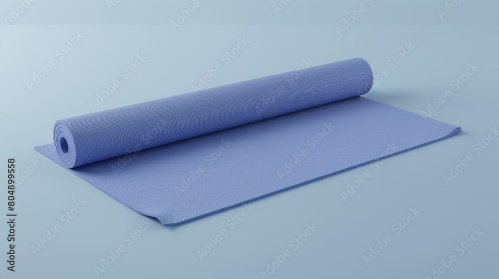 A calming blue yoga mat rolled out neatly on a matching blue surface, ready for a wellness or fitness session. A calming blue yoga mat rolled out neatly on a matching blue surface, ready for a wellness or fitness session.
