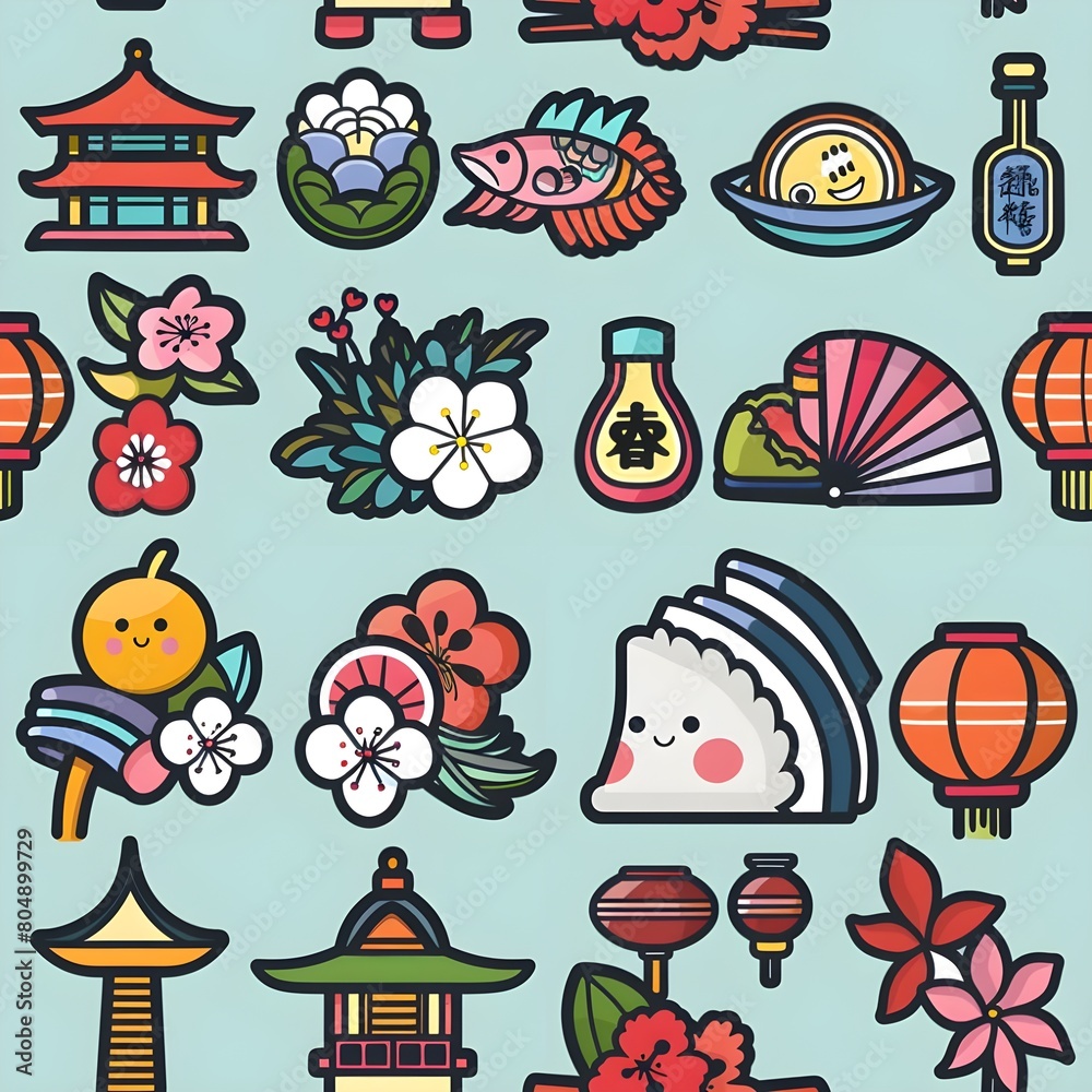 a sticker set with objects representing Taiwan and Korea tile seamless