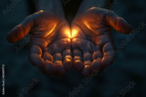 Close-up of open hands delicately holding a gentle, warm glowing light against a dark, blurred background at dusk