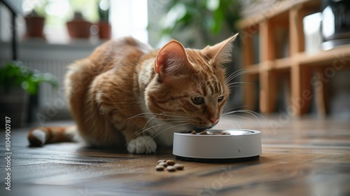 Macro image of a connected pet feeder smartphone app, scheduling feeding times and portion sizes from anywhere photo