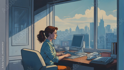 Woman working on laptop at her desk in home office, smiling as she communicates on the phone, illustrated in a cartoon style