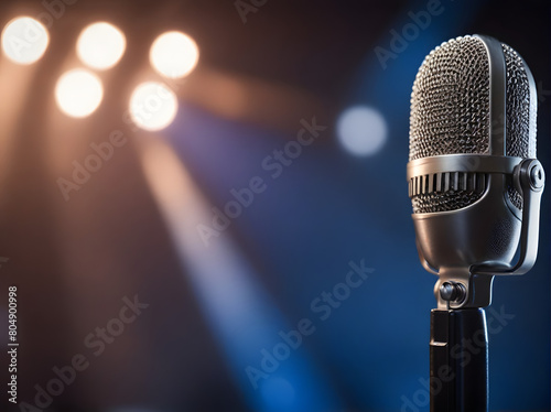 Vintage microphone on stage with musical and audio equipment elements