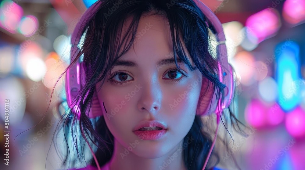 A close-up portrait of a young woman with pink headphones A close-up portrait of a young woman with pink headphones