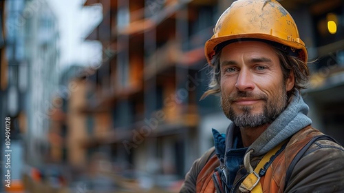 A construction worker wearing a hard hat is standing in front of a building under construction.
